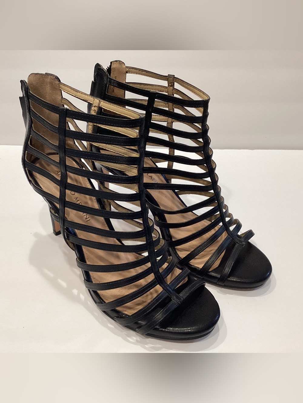 ANTONIO MELANI Black Strappy Cage Heeled Sandals with Back Zip